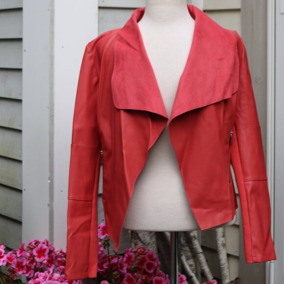 Bagatelle Salmon Coral Faux Vegan Leather Wide Collar Open Short Jacket Sz SMALL - Picture 1 of 7